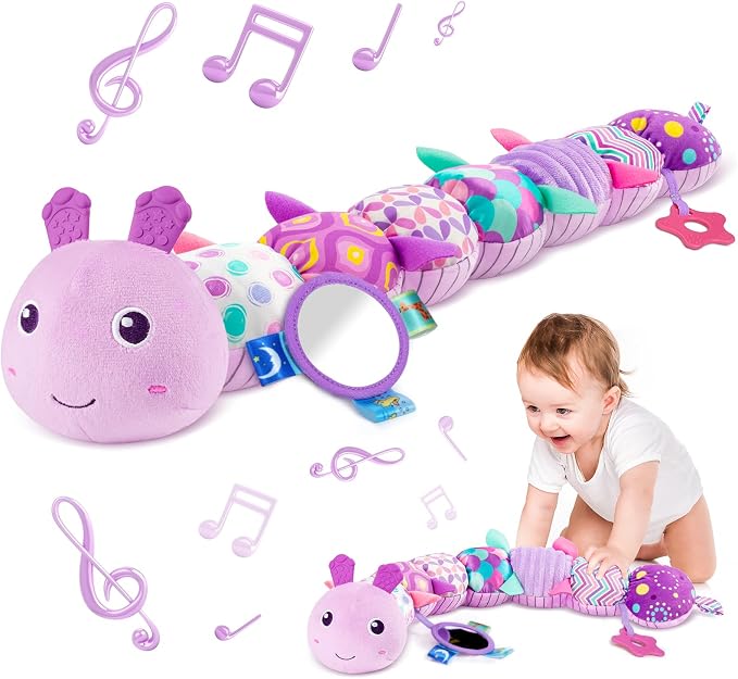 Sumobaby Infant Baby Musical Stuffed Animal Activity Soft Toys with Multi-Sensory Crinkle, Rattle and Textures, for Tummy Time 0-3-6-12 Months Girls, Caterpillar, Purple with Mirrow
