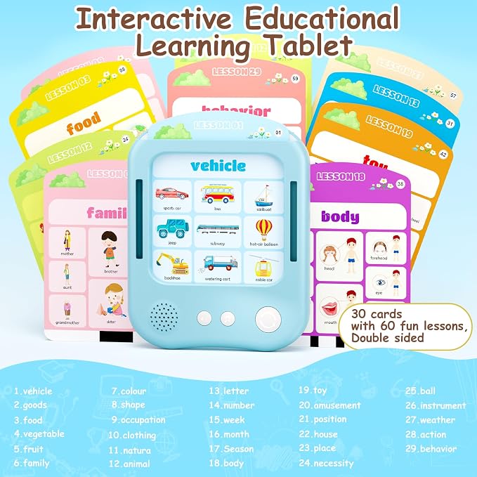 Interactive Educational Learning Tablet Toy for Kids,Screen-Free Phonics Learning Toy with 30 Flash Cards for Alphabets, Numbers, Words, Animals, Learn to Read for Boys Girls 3-5 Years Old, Blue