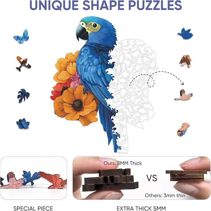 Mys Aurora Wooden Puzzles for Adults, Blue Parrot Couple Jigsaw Puzzles 500 Pieces, 16.6 x 16.5 Inch, Royal, Unique Shaped Round Blue Parrot Puzzles for Adults and Kids, Family Game