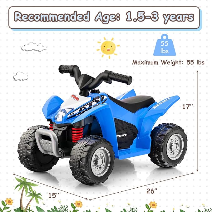 OLAKIDS Kids Ride On ATV, 6V Electric Vehicle for Toddlers, 4 Wheeler Battery Powered Motorized Quad Toy Car for Boys Girls with LED Lights, Horn (Blue)