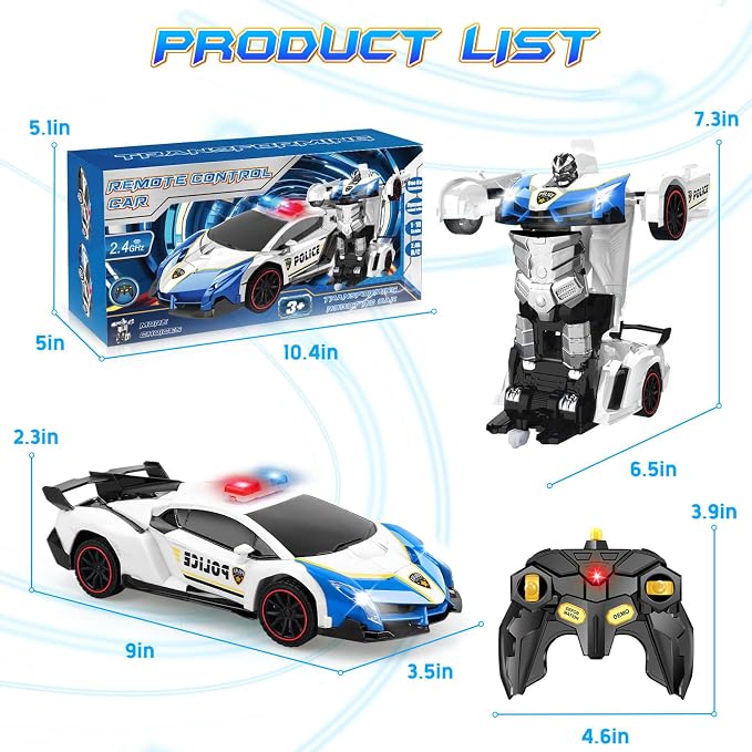 Remote Control Car Transformer Toys for Boy 4-6 Years Old: One-Button Transforming Police Car with LED Light & 360° Rotation Drifting 2.4 Ghz Robot RC Car Christmas Birthday Gift Idea for Kids