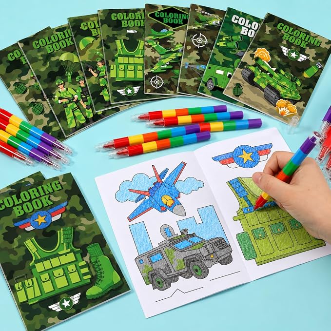 Cinrobiye 24 Set Coloring Books DIY Bulk Mini Ten Plagues Coloring Booklet with Stacking Crayons for Jewish Family Pesach Favors Goodie Bags Stuffer School Classroom Activity Rewards (Military)