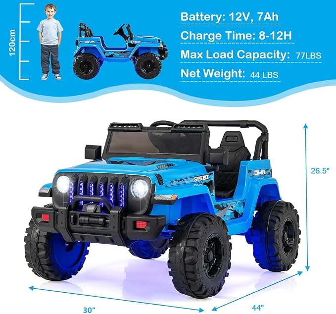 INFANS Kids Ride on Car Truck with 2.4G Remote Control, 12V Battery Powered Electric Cars for Kids w/3 Speeds, Battery Display, LED Lights, Safety Belt, Music & Horn, Bluetooth/FM/USB (Blue)