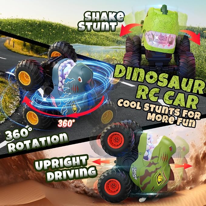 Drefirsa Remote Control Car for Boys 4-7 8-12, Dinosaur Monster Truck Toys with 50min+ Runtime, Spray, LED Light, 360° Rotating & 90° Driving, RC Stunt Car for Kids Birthday