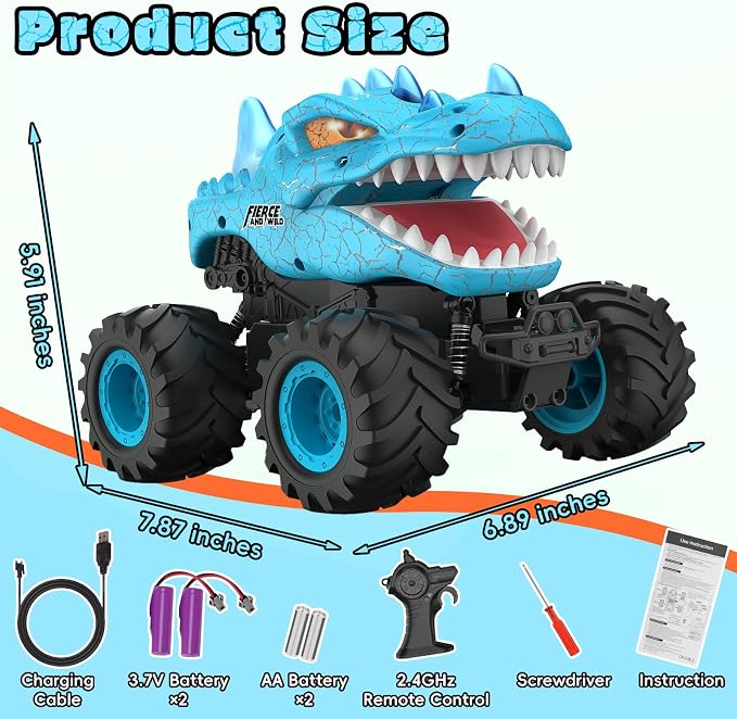 Dinosaur Remote Control Car, 2.4GHz Monster Truck Toys Rechargeable RC Cars 1:24 Scale RC Truck with LED Light Movable Mouth, Dinosaur Cars Toys for Kids Boys 6-8 8-12 Birthday Gift, Blue