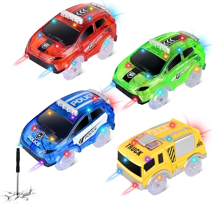 Tracks Cars Only Replacement, Flex Track Race cars for Magic Tracks Glow in the Dark with 5 Flashing LED Lights, Light Up Tracks Cars Compatible with Most Race Tracks for Kids (4pack) with Screwdriver