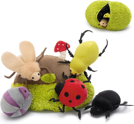 Bug Plush Toy Set, 5 Beetle Stuffed Animals with Dirt Mound Plushie, Hide and Seek Zipper Storage Habitat, Ladybug and Roly Poly Plush Toys, Gift for Kids Insect Lovers, 12 Inch