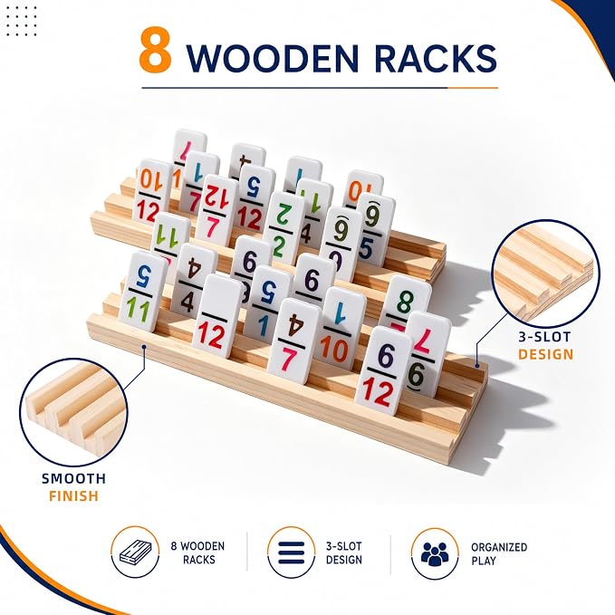 Mexican Train Dominoes Set Double 12 Number Domino Tiles, 91 Colorful Number Dominos Tiles with 8 Wooden Racks, Hub & Trains, Portable Domino Game Set for Adults Kids Families