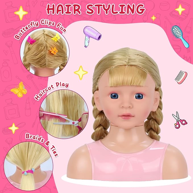 Doll Head for Hair Styling Kids, Pretend Play Hair Salon Toys for Girls with Hairdryer Hair Accessories, Princess Birthday Toys Gifts for 3 4 5 6 7 8 Years Old