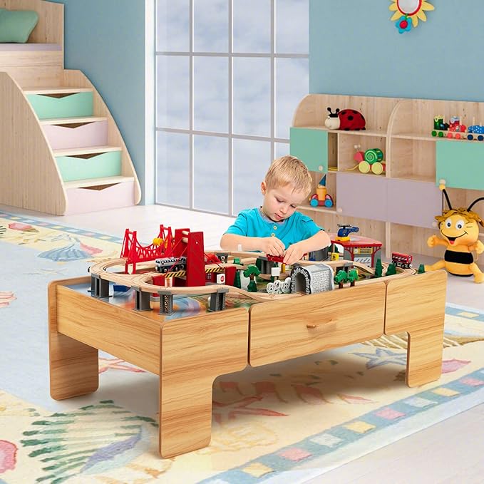 Costzon Train Table, 2 in 1 Kids Activity Table w/Storage Drawer, 100 Multicolor Pieces, Railway, Track, Cars, City, DIY Design, Reversible Tabletop, Gift for Boys Girls, Wooden Train Set (Natural)