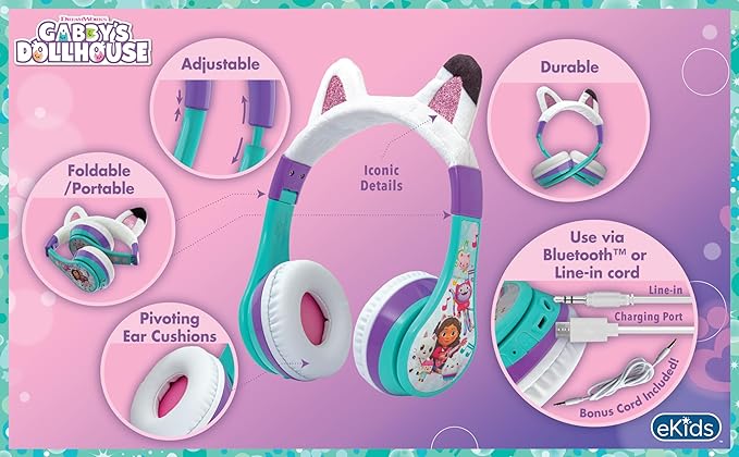 Gabbys Dollhouse Bluetooth Headphones for Kids, Wireless Headphones for School, Home, or Travel (Gabby)