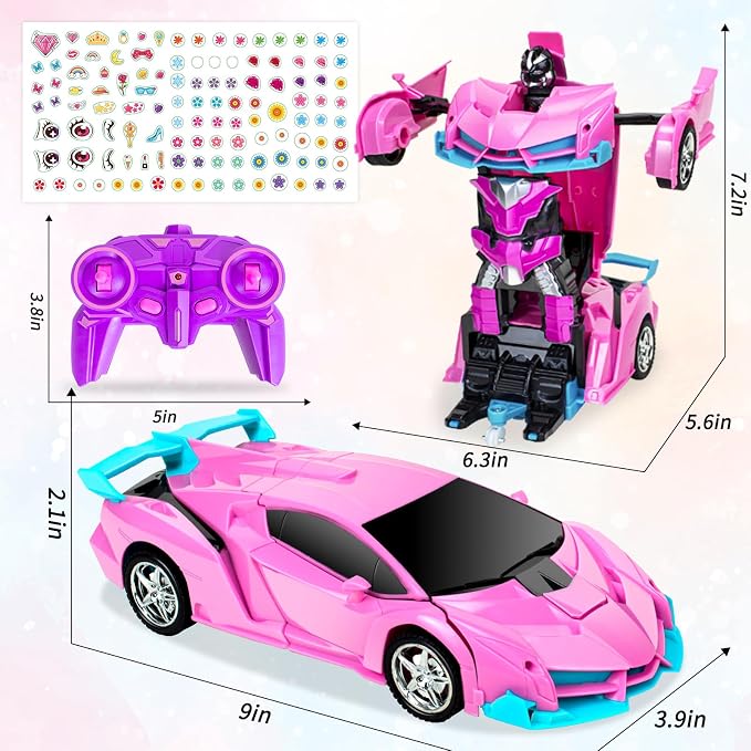 Pink Remote Control Car for Girls Age 3 4 5 6 7 8, Transformation Rc Cars Racing Car with One-Button Deformation & 360°Drifting Robot Toys for Birthday(Pink)