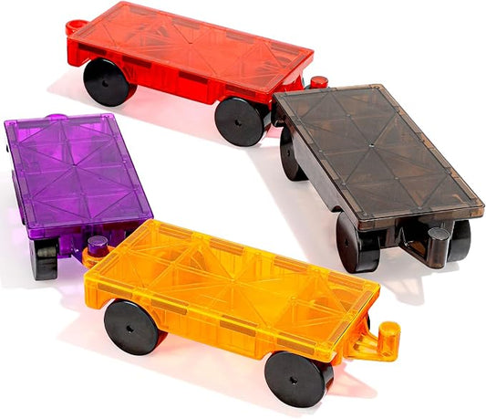Mruikeny Magnetic Tiles Cars Construction Set - 4 PCS Magnetic Tiles Magnet Bricks Truck Sensory Toys, Educational Magnet Cars Set Building Blocks for 3 4 5 6 7 8+ Year Old Girls Boys