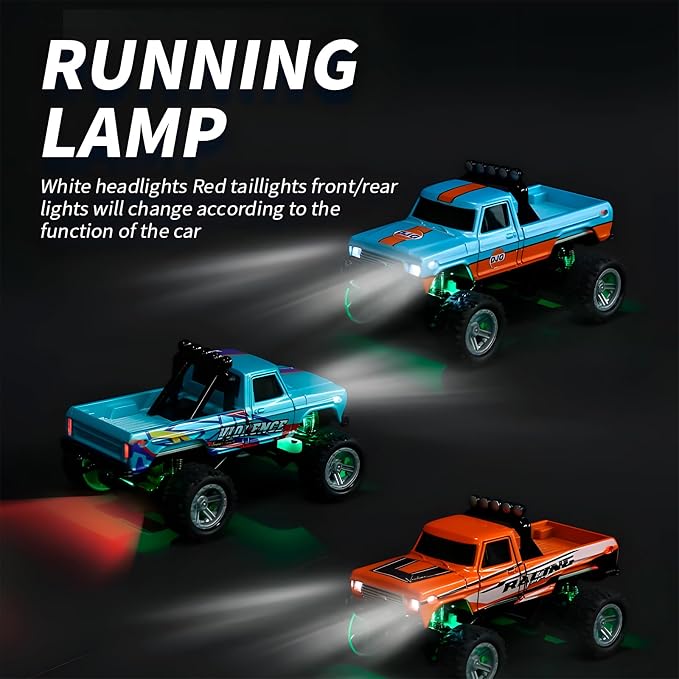 Mini Monster Truck, 1:64 Scale Remote Control Car with Lights, 2.4GHz Off-Road RC Truck, USB Rechargeable RC Car with Adjustable Speed for Kids Indoor & Outdoor Racing (Olive Green)