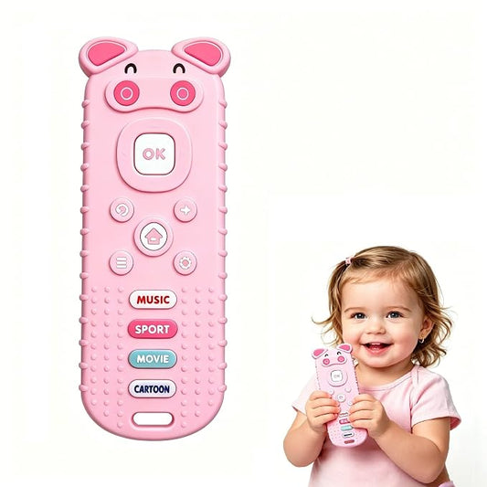 SOLIFEGOBLE Pig-Shaped Remote Teether for Babies 3-18M, Silicone TV Remote Teething Toy, BPA-Free Soft Chew Toy, Teething Relief for Infants Boys Girls (Pink)
