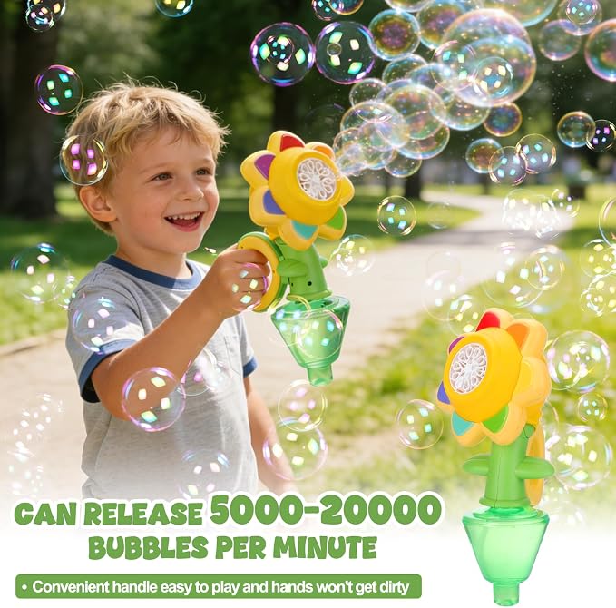 2 pcs Automatic Flower Bubble Machine for Kid,Rechargeable Sun Flower Bubble Maker with Lights for Parties, 28in to 41in Adjustment Height Bubble Machine for Toddlers,Idea for Outdoor Kid Gift