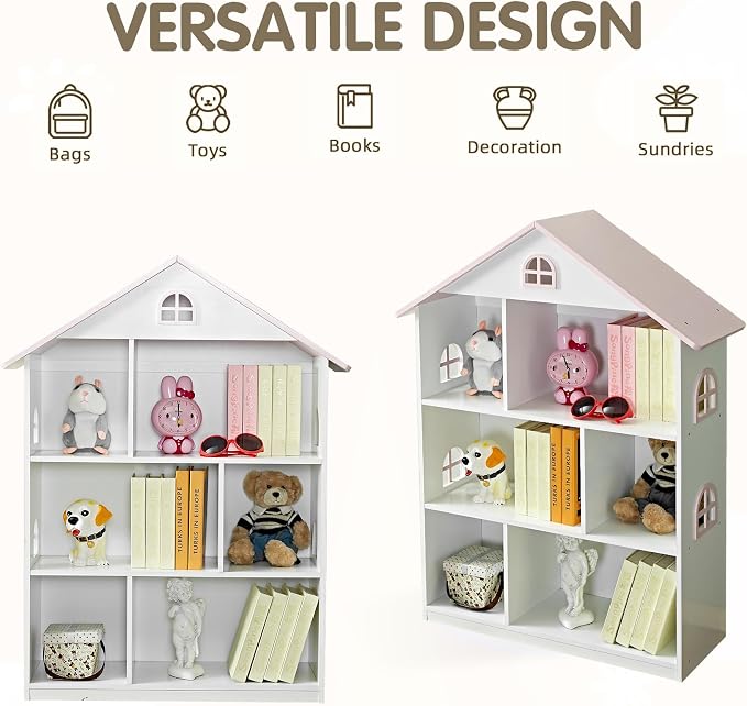Kids Dollhouse Bookshelf and Toy Storage - Wooden Stand Dollhouse Bookcase with 3-Tier Storage Display, Bookshelf for Playing Room, Nursery, Gift for Boys Girls (6 Room - Pink with White)