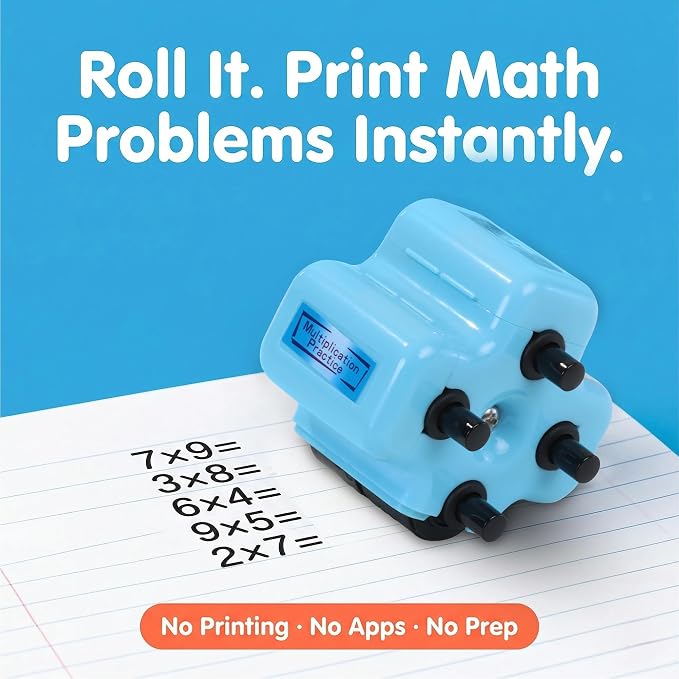 Math Teacher 4-in-1 Math Roller Stamp for Kids – Addition, Subtraction, Multiplication & Fill-in-the-Blank Practice Tool for Teachers, Classroom Activities, Homeschool & Daily Math Worksheets (Yellow)
