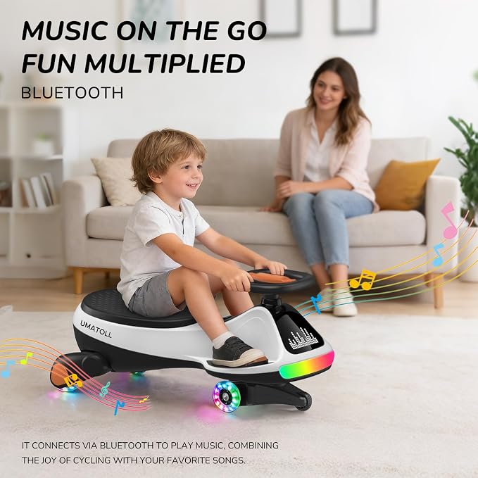 Umatoll 12V Electric Wiggle Car for Kids with Pedal, Display, Rechargeable Battery, LED Light, Bluetooth, Light-Up Wheels, Anti-Rollover, 2 Speeds, Ride on Toys, Birthday Gifts for Age 3+, 150Lbs