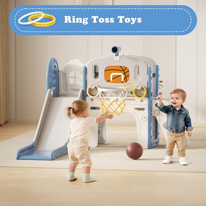 XJD 8 in 1 Toddler Slide Set, Kids Slide for Toddlers Age 1+, Climber Slide PlaySet with Basketball Hoop and Ball,Outdoor Indoor Playground for Toddlers 1-3 (Blue, Small)