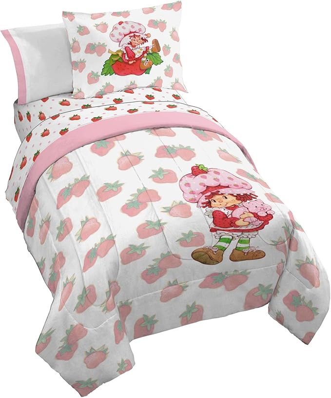 Jay Franco Strawberry Shortcake Twin Comforter Set, 5 Piece Bed in a Bag for Kids & Girls - Comforter, Sheets, Pillowcase & Sham - Microfiber, Machine Washable, Fade Resistant Pink Kids Bedding