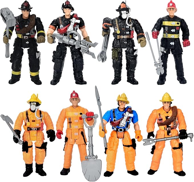 8 Pieces Firefighter Action Figures, Fireman Toys for 3 4 5 6 7+ Year Old Boys, 4-Inch Toy Figure & Playsets with Accessories, Ideal Gifts for Boys Girls Kids, Christmas Stocking Stuffers Party Favor