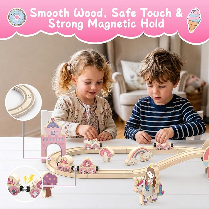Wooden Train Set for Toddlers – 39 Pcs Unicorn Wooden Train Track Toy for Girls, Fantasy Toddler Toys for 3 4 5 6 Year Old Girls, Ideal Christmas Birthday Gift for 3-5 Girl