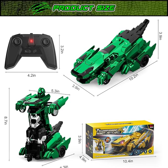 Kroyedfuw Dinosaur Transform Rc Cars, 2.4Ghz Remote Control Car Transforming Robot with Flashing Light, 360° Rotation One Button Deformation Car Toy Gifts for Boys Age 4-7 8-12