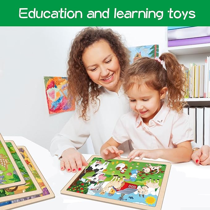 Wooden Puzzles for Kids Ages 3-5, 6 Packs 24 PCs Jigsaw Puzzles Preschool Educational Brain Teaser Boards Toys Gifts for Children, Wood Puzzles for 3 4 5 6 Year Old Boys Girls