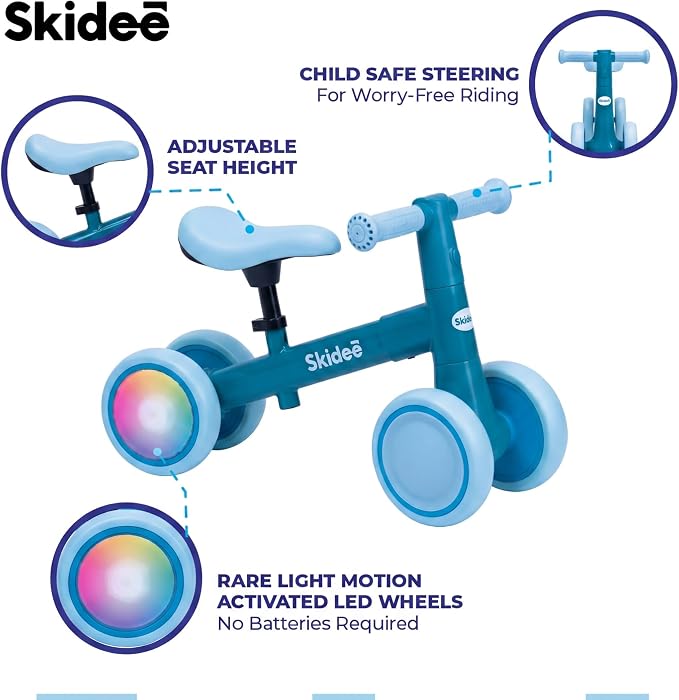 SKIDEE Toddler Balance Bike 1-3, 4-Wheel Balance Bike with Rare Light-Motion-Activated LED Wheels, Adjustable Height & Child Safe Steering, Lightweight Ride-On Toy Training Bike for Boys & Girls