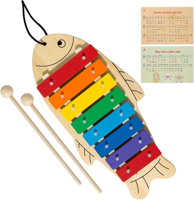 Xylophone for Baby Toddler Fish Shape Wooden Xylophone with 2 Mallets Educational & Preschool Learning Percussion Instrument Professional Tuning Musical Toys for Kids Aged 3+