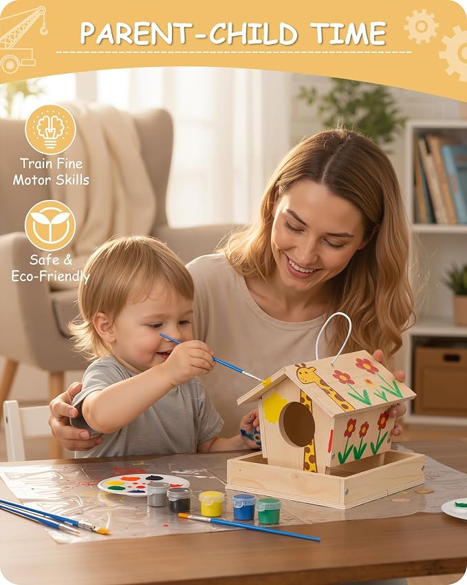 SainSmart Jr. Woodworking Building Kits for Kids with Birdhouse, 4-in-1 Kids STEM Projects Set, DIY Wood Crafts Assembly Toys with Paints & Brushes for Boys and Girls