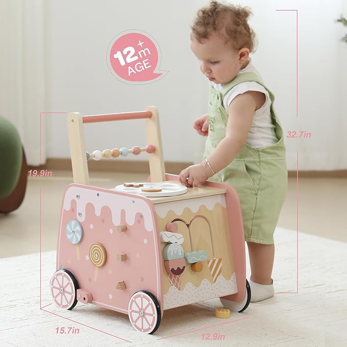 Wooden Baby Walker, Multifunctional Ice Cream Cart Activity Toy for Learning to Push Walk with Wheels, Pretend Playset Ideal for Toddlers, Boys and Girls Ages 18-36M