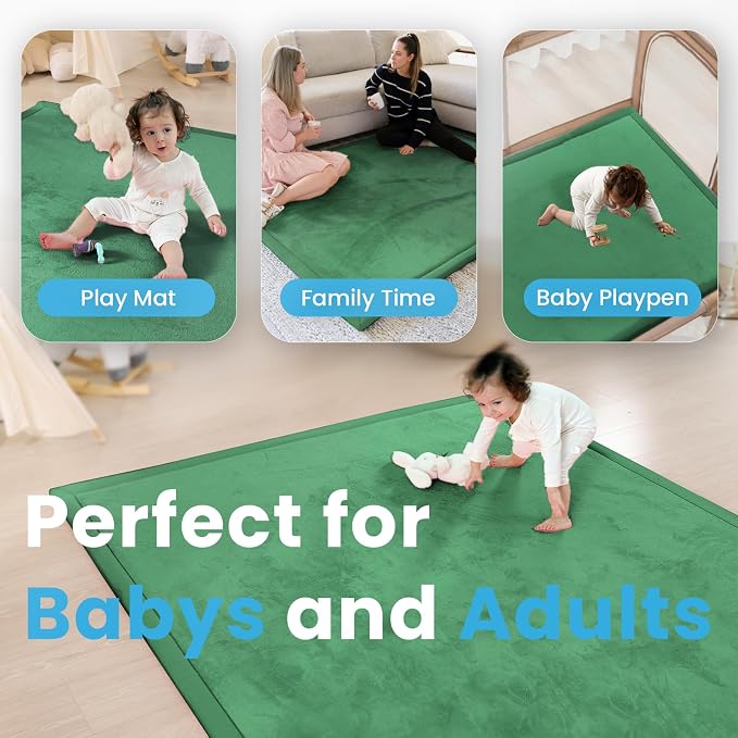 1.3" Thick Baby Floor Play Mat, 59x79 Padded Foam Tummy Time Crawling Mat, Non-Slip Water-Repellent Soft Plush Nursey Area Rug for Playroom Living Room (Emerald)