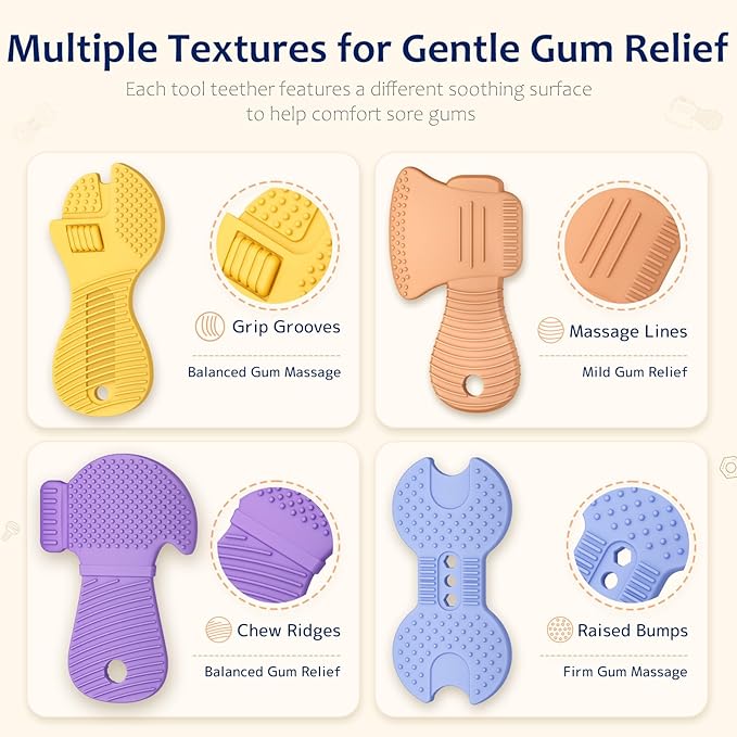 Baby Tool Teethers 4 Pack, Textured Sensory Teething Toys for Boys 0-6 Months, Wrench Screwdriver Hammer & Axe Silicone Chew Toys, Baby Shower Gifts for Newborn & Infants
