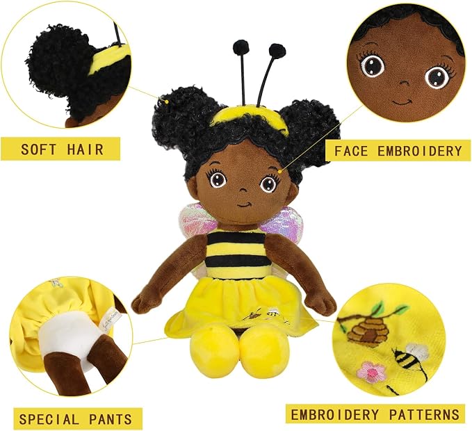 Black Baby Doll,Blacks Dolls African American Stuffed Toy,12” Rag Dolls for Girls Soft Gifts,Brown Doll Fairy Baby Toy plush toys for Christmas Birthday Party(SMALL-BLACK BEE)