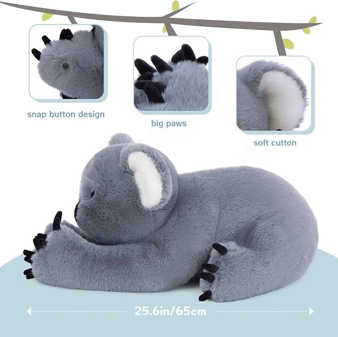 MaoGoLan Koala Stuffed Animal 25.6" Giant Stuffed Koala Plush - Soft Cuddly Huggable Design with Snap Button on Paws, Gift for Kids Childern Adults, Gray