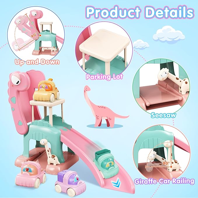 Dinosaur Car Ramp Slide Toy for Toddlers — 4 Push Cars with Race Track, Baby Slide Indoor Toy, Montessori Learning Birthday Gift for Boys Girls 1 2 3 Year Old (Pink)