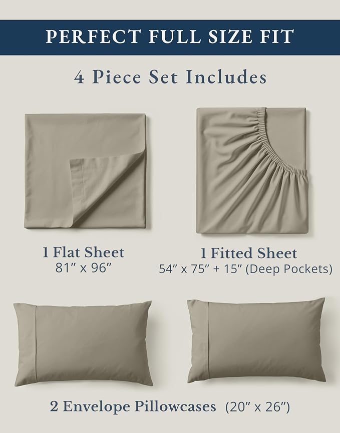LANE LINEN Full Size Sheets 100% Organic Cotton Soft 4pc Percale - Silver | 100% Organic Cotton Percale Full Sheet Set - Affordable Organic Luxury, Honest-Price Organic Quality, For Hot Sleepers