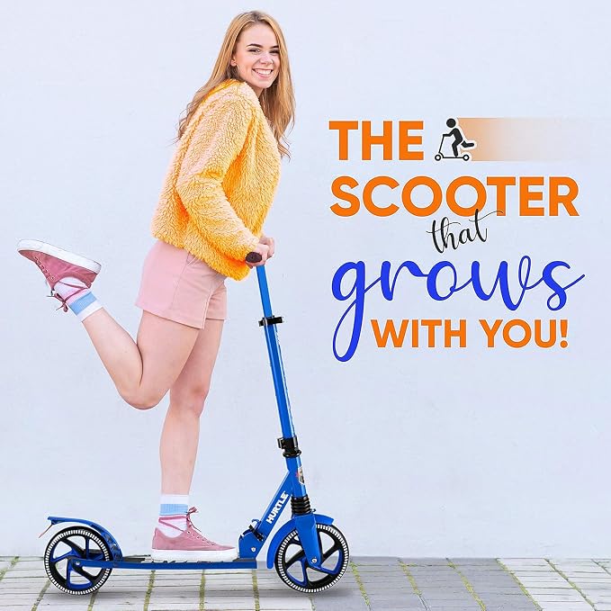 Hurtle Renegade Kick Scooter for Kids, Teenagers & Adults - 2-Wheel Folding Scooter with Adjustable T-Bar Handlebar - Alloy Anti-Slip Deck
