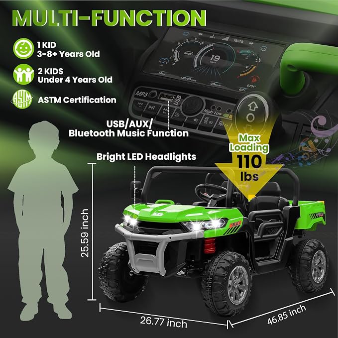 24V 4WD Ride on Truck Car w/4X200W Motor, Dump Bed, Gift Flower, 2 Seaters, Remote Control, 4 Wheeler, LED Light, Music, 24 Volt Ride on Toys for Big Kids Girls 3-8, Green