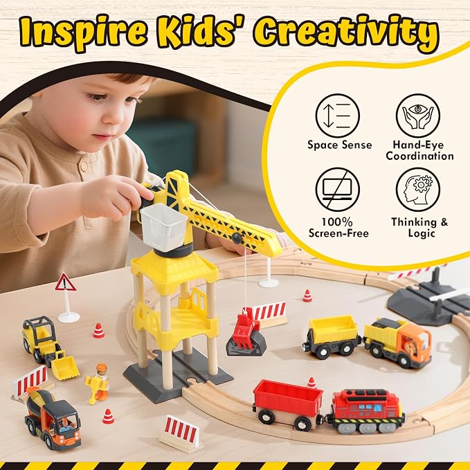 Lehoo Castle 68PCS Wooden Train Set - Toy Train Set for Toddlers 2-4, Wooden Train Track for Kids w/Crane, Railway Playset for 3 Year Old Boys Girls Birthday Gift