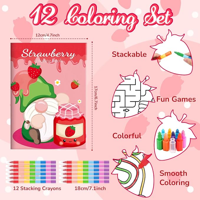BenLouis 12 Strawberry Mini Coloring Books Kids with 12 Stacking Crayons Berry Party Favors Small Activity Books Bulk for Kids Girl Fruit First Party Gift Goodie Bag Stuffers