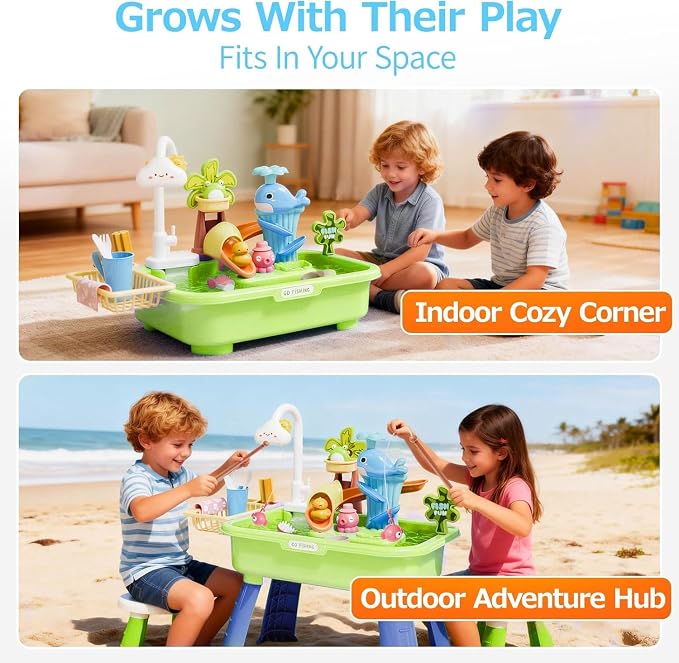 Sand and Water Table Toy for Toddlers 1.5+, 22 Pcs Accessories, 4L Large Capacity Basin, Fishing Game and Kitchen Sink Play, Outdoor Sensory Summer Gift for Kids, Spring-Green