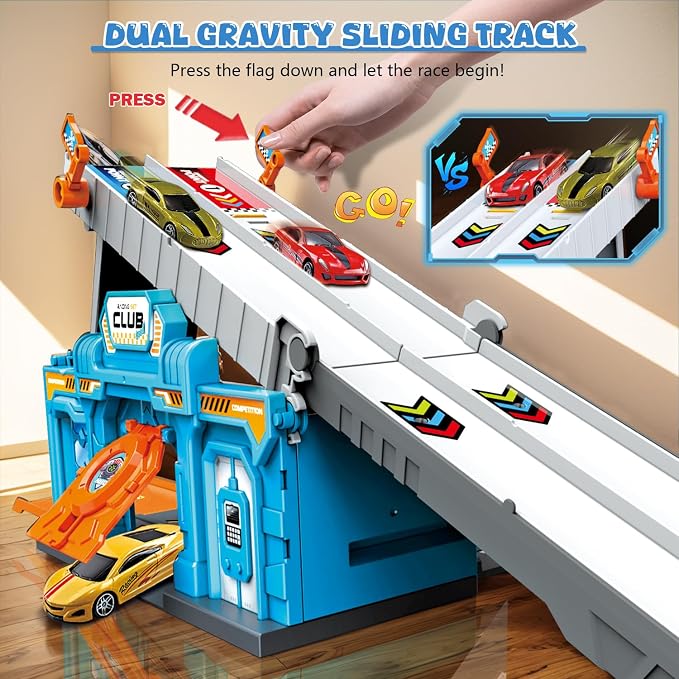 Race Tracks for Kids Ages 3-5, Racing Car Toys Set with Foldable 2 Layer Track and 6 Alloy Race Cars for Toddlers Boys, Best Birthday Xmas Gifts for Kids Age 3 4 5 6+ Years Old (Blue)