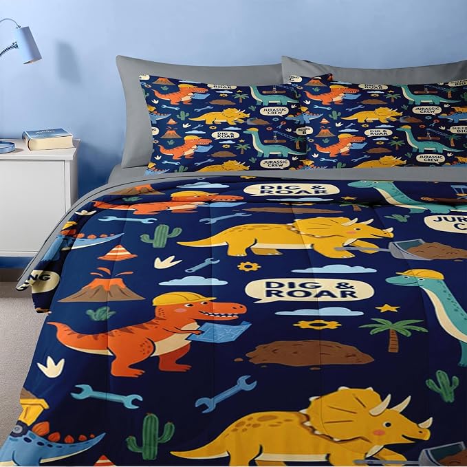 Nesker Dinosaur Comforter Set Twin Size, 5 Pieces Bed in a Bag, Blue Dinosaur Bedding Set for Boys, Construction Excavator Comforter Set with 1 Pillowcase & 1 Sham