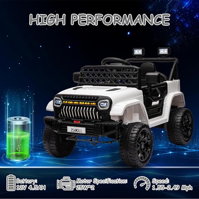 GarveeLife 12V Kids Ride On Truck Electric Vehicle Battery Powered Car Toddlers Ride On Toy for Boys Girls with Remote Control, 4-Wheel Suspension, Battery Display, LED Lights, Music, White