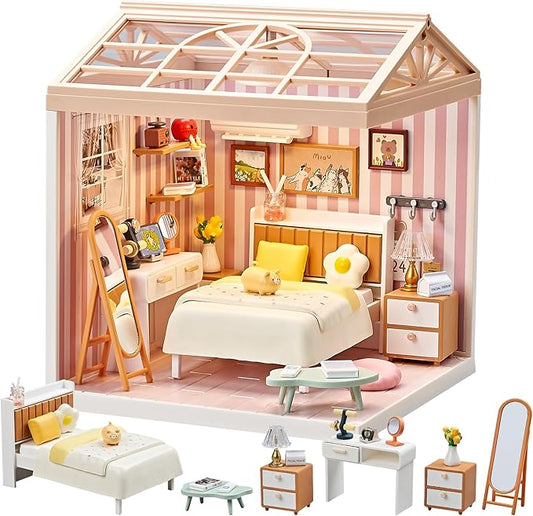 DIY Miniature Bedroom Kit – 82Pcs Cozy Dollhouse Room with LED Light & Blister Packaging, Connectable Model for Kids 8+ & Teens