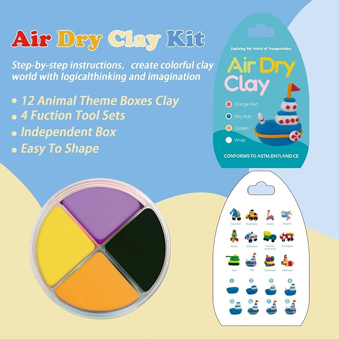 Air Dry Clay Kit for Kids - Cars Themed,12 Traffic DIY Molding Clay Art Crafts Set for Kids Girls Boys Easter Gifts for Easter Basket Fillers Egg Fillers Party Favors (Traffic)