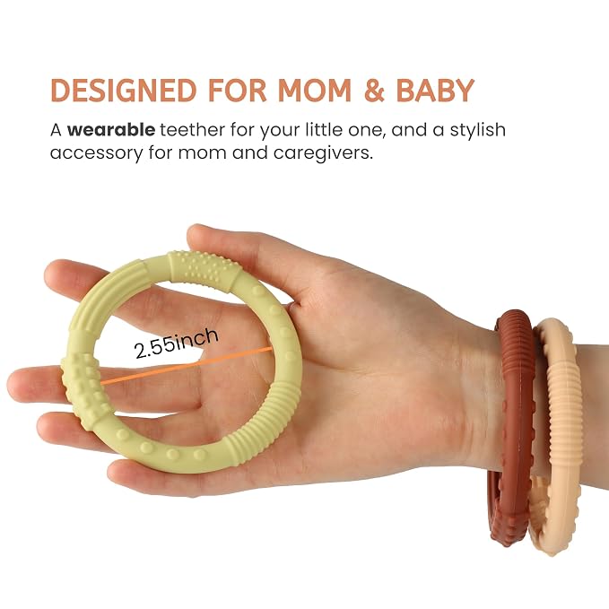Silicone Teether Ring Toys, Soft & Textured Silicone Teether Rings for 3+ Month Babies, Baby Teething Bracelets Relief Soothing Sore Gums